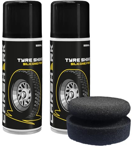 CARSHARK Tyre Shine Silicone-Free, 2 x 500 ml, 1 x Applicator Pad (Black) Clean Finish, Aerosol Spray