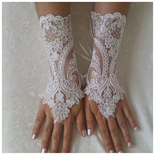 ULPUDFAO Handschuhe Kurze Hochzeit Handschuhe Elfenbein Weißer schwarzer Brauthandschuhe Mädchen Party Fingerlose Spitze Handschuh Damen Blume Guantes Hochzeit Zubehör Damenhandschuhe(Ivory)