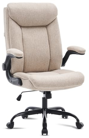 MZLEE Office Chairs for Home, Ergonomic Fabric Desk Chair with Lumbar Support & Flip-up Arms, 150kg Heavy Duty Swivel Padded Computer Chair, Compact Chair for Bedroom & Study, Cream (Beige)