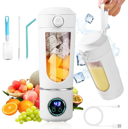 Tragbarer Mixer, Mini-Standmixer, kleiner Entsafter, Smoothie-Maker mit Silikon Strohhalm,12 Edelstahlklingen und Digitalanzeige, wiederaufladbarer Typ-C Shake-Mixer mit 700 ml Fassungsvermögen, weiß