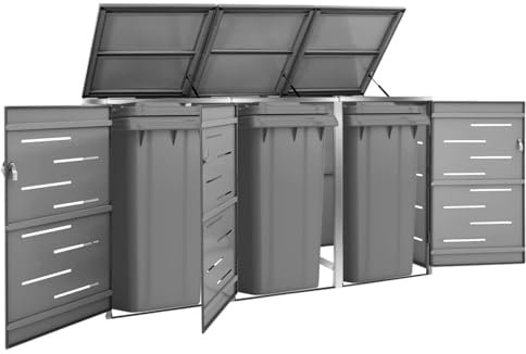 Abri de jardin à trois poubelles en acier inoxydable pour 3 poubelles avec conteneur à déchets d'extérieur 207 x 77,5 x 115 cm