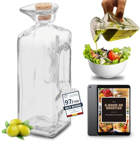 CAVECA Huilier en verre anti-goutte pour cuisine de 330 ml et bouchon en liège + cadeau - Huilier traditionnel en verre 100 % recyclé et fabriqué en Espagne, distributeur d'huile de cuisine, bouteille