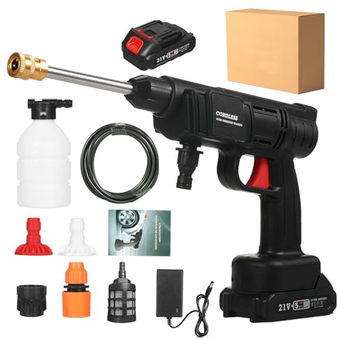 Idropulitrice a Batteria, 21V Idropulitrice Elettrica Portatile con 2 Batteriee Tubo da 5M, Idropulitrice Portatile, 350PSI con Caricabatterie per Auto, Giardino, Terrazza, Prato e Irrigazione