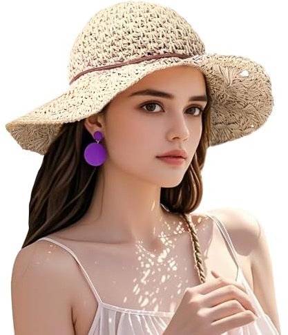 shallyong Cappello di Paglia a Tesa Larga da Donna, Cappello da Sole Estivo, Cappello da Spiaggia Pieghevole Donna, Cappelli da Sole da Spiaggia, per Estate Viaggio e Spiaggia Vacanze (Beige)