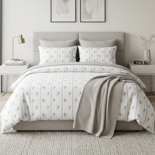 Floral Double Duvet Cover Set Blue White Striped Bedding Double Bed Set