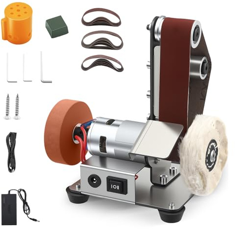 Electric Belt Sander, Mini Belt Polisher, 7-Speed Adjustable, Equipped with 20 Sanding Belts and 2 Polishing Wheels, for Wood and Metal Processing, UK 3-Pin Plug (A01)