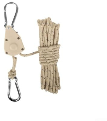 Jonikuper 4m Adjustable Nylon Lanyard with Stainless Steel Pulley Hook for Tent and Canopy Rope Hanging, Secure Non-Slip Fast Locking System with Carabiner for Camping, Hiking, Outdoor(Khaki)