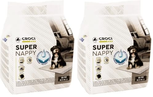 Croci Super Nappy - Tappetini Igienici per Cani 60x40 cm 50 pz - Traverse Cani e Animali Domestici, per Pipi Cane e Gatto Ultra Assorbenti USA e Getta, Antistrappo e Antiodore (Confezione da 2)