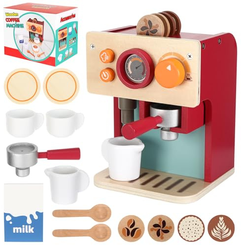 Exsink Macchina da Caffè in Legno per Bambini, Accessori Cucina Giocattolo Legno, Giocattolo Educativi Montessori, Regalo per Bambino Bambina 3 4 5 + Anni