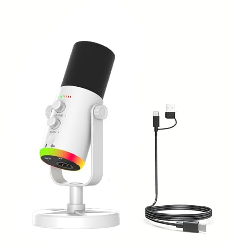 Luocute USB-kondensator Dynamisk Mikrofon, Studiomikrofon med Pekknappskontroller, Volymekojustering, ENC Brusreducering, RGB-belysning, för Inspelning Av Strömmande Spel på PC Laptop Mac (Vit)