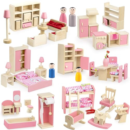 43 Pcs Dolls House Furniture Set, Dolls House Accessories, Miniature 1:12 Scale Mini Doll House Furniture, Minihouse Realistic Miniatures Bedroom Living Room Bathroom for Playhouse