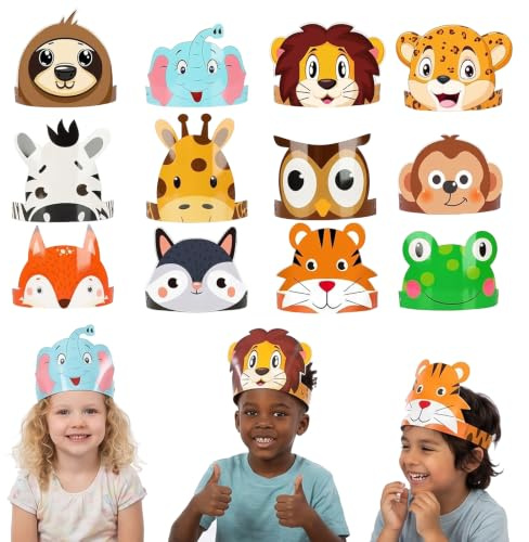 KOHVAN 12 Gorros de Cumpleaños para Niños con Diseños de Animales, Sombreros de Fiesta de Papel para Decoración de Cumpleaños Infantil