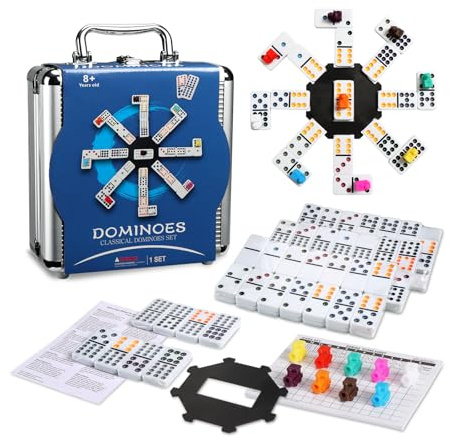 Ensemble de dominos mexicain double avec point de couleur, jeu de dominos pour adultes (2 à 8 joueurs) avec étui portable en aluminium et 91 carreaux
