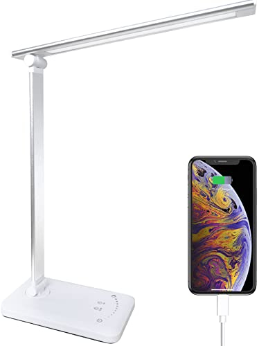 Lámpara Escritorio, USB Flexo LED con 5 Niveles de Brillo y 5 Modos, Temporizador de 30/60min, Cuidado Ojos, Función de Memoria, Control Táctil, Luz para Estudiar Infantil Blanco