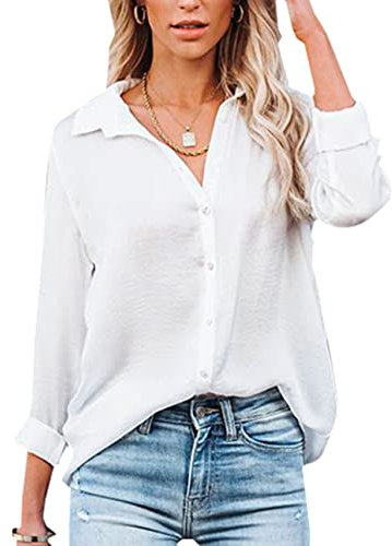 NONSAR Damen Bluse V-Ausschnitt Hemden Elegant Langarm Casual Arbeit Oberteile mit Knöpfen Tops Langarmshirt(9328M,Weiß)