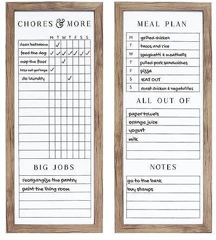 Sheffield Home Set of Two Family Planner Dry Erase Boards Featuring, Chore Chart, Shopping List, Weekly Meal Planner and Notes, 9x21 Inch, Natural