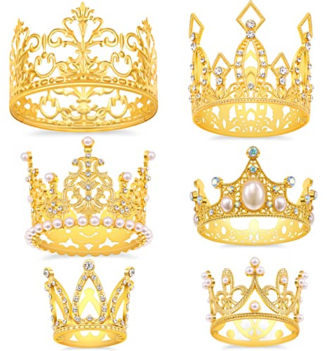 SisBroo Gold Crown Cake Topper, 6 Pieces Happy Birthday Cake Toppers, Princess Crown Cake Decorations, Mini Crowns for Flower Arrangements, Birthday, Wedding, Party Decor (Gold-Ⅰ, 6)