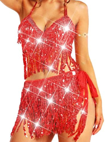 BODIY Red Sequin Fringe Skirt Top Sparkly Belly Dance Outfits for Women (red)
