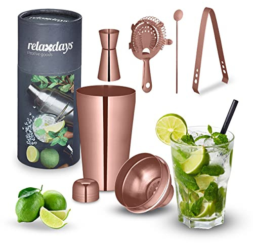 Relaxdays Set da Cocktail, 5 Accessori da Barman, Shaker, 500 ml, Acciaio Inox, Kit Barista, Angolo Bar Casa, Bronzato