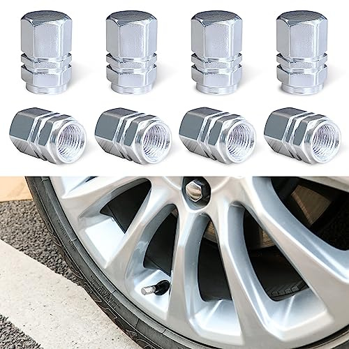 Ziciner 8 PCS Car Tire Valve Stem Caps, Aluminum Alloy Wheel Valve Covers with Rubber O-Ring, Corrosion Resistant Leak-Proof Tire Air Cap Set, Universal for SUV, Truck, Motorcycle, Bike (Silver)