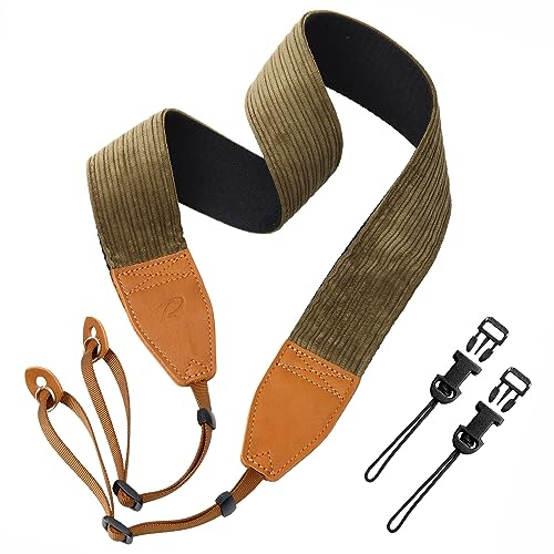 Padwa Lifestyle Cord Kameragurt - 2 Breiter Vollnarbenleder Kopf Kameragurte kostenlos 2 Stück Schnellverschluss Clip für alle Kameras, Ferngläser und Drohne Fernbedienung(Olivgrüner)