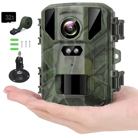 Mini Wildkamera 1080P 24MP Wildtierkamera IR LEDs Wildkamera mit Nachtsicht Bewegungsmelder Nachtsichtkamera 0,2s Schnelle Trigger Wasserdicht Wildtierkamera mit 32G Speicherkarte, für Wildbeobachtung