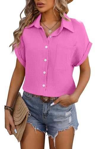 LEKOPUR Musselin Bluse Damen Kurzarm Damenblusen Elegant Sommer Blusenshirt Rosa Hemd Damen Blusen Oberteile V Ausschnitt Hemdbluse Tunika