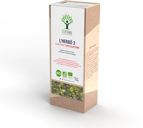 BIOPTIMAL - Infusion Bio L'Herbô 2 - Confort Circulatoire - Tisane Vigne rouge, Aubépine, Olivier et Cassis - Complexe de Plantes pour la Circulation du sang - Fabriqué en France - 70g