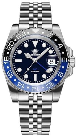 ADDIESDIVE 40mm GMT Reloj analógico Hombre 515-24H Buceo 200m Relojes de Cuarzo Hombre con Brazalete de Acero Inoxidable AD2050