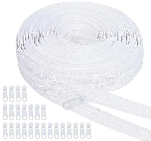 MIPIACE Endlosreißverschluss mit Zipper 4.2mm 20m Lang #3 Reissverschluss Meterware Reißverschlüsse für Bettwäsche Weiß 2.8cm Breit mit 20 Kunststoffschieber für Bettwäsche Kleidung Kissenbeutel