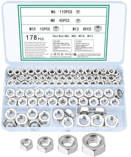 TOOINKCV 178 Stück M6 M8 M10 M12 Sechskantmuttern, Sicherungsmuttern, Muttern aus Karbonstahl, selbstsichernde Muttern für Bolzen und Schrauben, metrische Sechskantmuttern