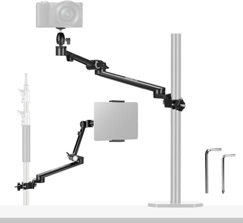 NEEWER Soporte de Sobremesa para Cámara con Soporte de Teléfono y Tableta para iPhone Samsung Kindle, Brazo de Dos Secciones con Rótula Ajustable 30-35mm para Vídeo en Directo Vlogging, DS016