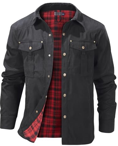 Rousytn Men's Mens Vintage Flannel Lined Shirt Jacket Mens Vintage Flannel Lined Shirt Jacket | Plaid Flannel Lined, Multi-pockets, Long Sleeve Shacket, Durable for Outdoor Camp Work Fall, Western, Cowboy