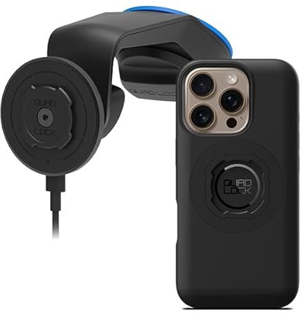 QUAD LOCK Soporte de Ventosa para Teléfono de Coche para Parabrisas/Salpicadero con Cabezal de Carga Inalámbrica mag V2 y Funda mag para iPhone 16 Pro