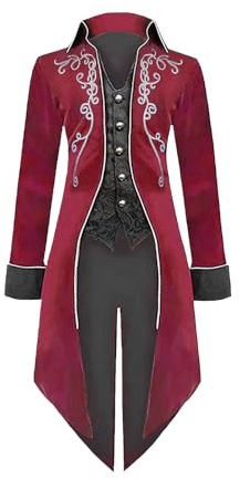 Veste frack médiévale steampunk pour homme, manteau gothique, broderie de cour victorienne, manteau Renaissance, rétro, fête, cosplay, costume pour adulte (Rouge, 3XL)