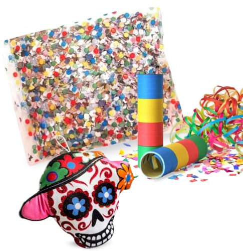 Karneval 2025 – Umschlag 200 g Karnevalskonfetti + 2 Röhren x 20 Rollen Luftschlangen aus Papier + Kissen Totenkopf zum Aufhängen