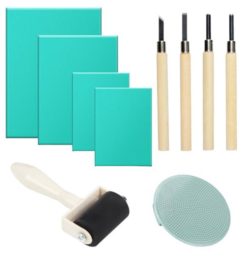 Sctmda Grün Linoldruck Set 10 Stück A4 A5 A6 Linoleum Platten Linoldruck Set Weichgummi Linoldruck Platte Linolschnitt Platten Stempelgummi Linolschnitt für Druckgrafiken Kunsthandwerk DIY