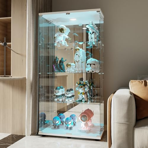 YGHQAP Vitrina de Vidrio, Cristal Vertical Blanco, 4 Niveles, 2 Puertas, Iluminación LED, Para Coleccionables, Libros, Vino, Oficina, Salón