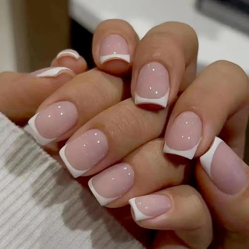 24 Pcs French False Nails - Full Cover Nude White Square Stick on That - Press on Nails for Women and Girls - French Style - Nail Art