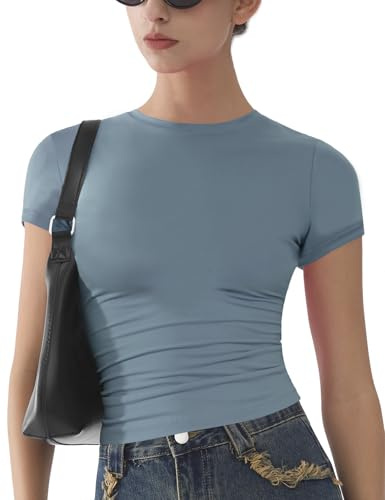 T- Shirts Femmes Basique À Manches Courtes Slim Fit Doux Crewneck Crop Y2k Tees D’été Extensible Mignon Tops Bleu Poussiéreux XS