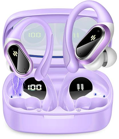 Auriculares Inalambricos Deportivos, Auriculares Bluetooth 5.3 con HD Mic y Cancelacion Ruido ENC, Pantalla LED, 50H Cascos Inalambricos Bluetooth HiFi Estéreo para Deportes, IP7 Impermeable,Púrpura