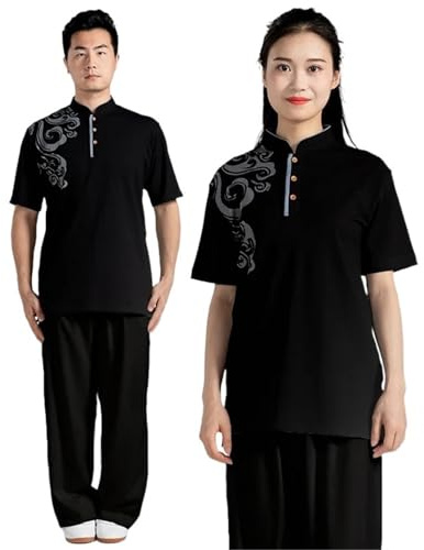 ZWCSHUU Kung Fu Skjorta Solo T-shirt Kampsport Kortärmad Kläder Klassisk Uniform Tai Chi Kläder Herrskjorta Toppar Dam Tai Chi Kläder (Svart2,4XL)