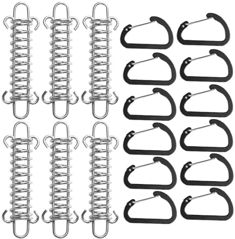 Lot de 6 Ressorts de Tension, Ressorts Hélicoïdaux, Boucles à Ressort pour Pare-Soleil, Accessoires de Fixation avec 12 Mousquetons pour Tentes, Auvents et Accessoires de Camping