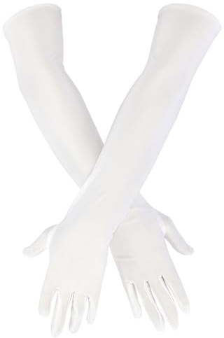 Qiuyan Long Satin Gloves Evening Opera Stretchy Elbow Length Gloves for Wedding Prom - White