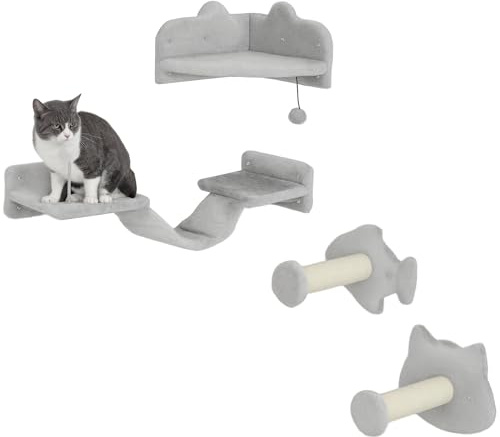 PawHut Juego de Estanterías para Gatos de 4 Piezas de Pared Gris Claro