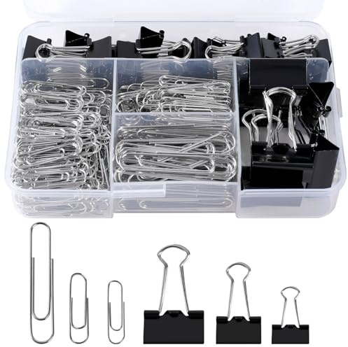 340 PCS Assorted Paper Clips & Binder Clips Set – 28mm, 33mm, 50mm Silver Paperclips & 15mm, 19mm, 25mm Black Foldback Clips – Perfect for Home, School & Office Document Organization & Desk Essentials