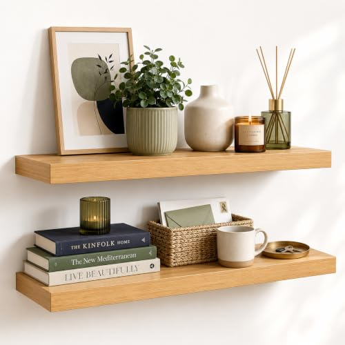 Uervoton Floating Shelves 40cm, Set of 2 Wall Mounted Paulownia Wood Shelves, Rustic Style Storage Display for Bedroom, Living Room, Kitchen, Office, 40 * 15.8 * 2 CM