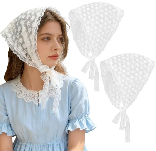 JXAXD 2 stycken vita blommor spets huvudduk, elegant triangelhalsduk av fransk spets för kvinnor, vintage bandana huvudduk hårduk, topphuvudskydd för kvinnor, hårtillbehör