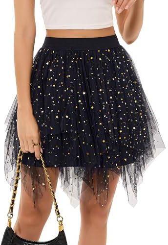 Lovasy Jupe en Tulle Femme Midi Jupe Tutu à Paillettes A-Line Taille Haute Élastique Jupes en Tulle Court pour Carnaval Halloween Daily Prom Party