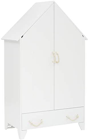 Puckdaddy Carlotta | Kleiderschrank 110x55x187cm | Kinderkleiderschrank weiß lackiert | Babyzimmer und Kinderzimmer | Babyschrank Haus | Stauraum für Kleidung und Spielzeug | inkl. Jutephasergriffe